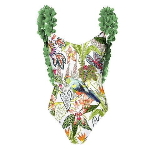 Ruffled Floral One-piece Swimwear&Chiffon Skirt