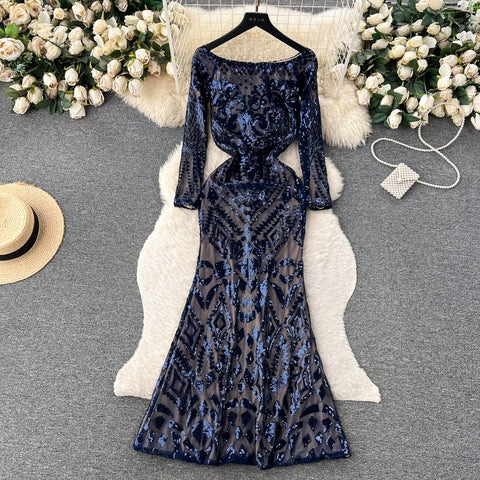 Black Lace Embroidery Sequin Dress