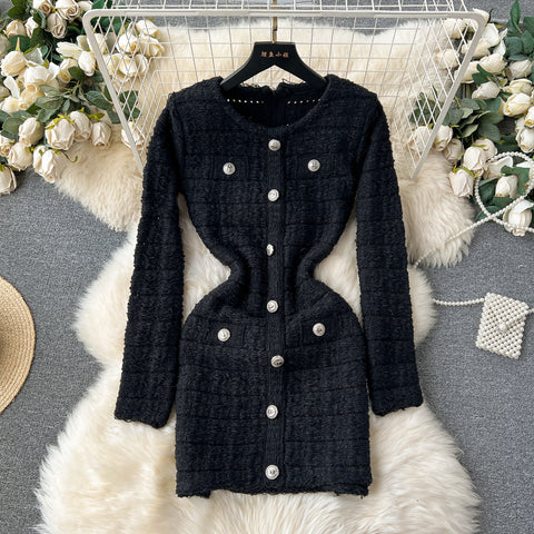 Metal Buttons Tweed Knitted Dress