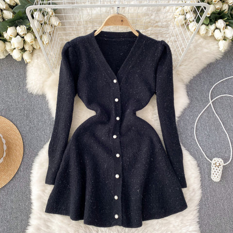 French Style V-neck Knitted Dress
