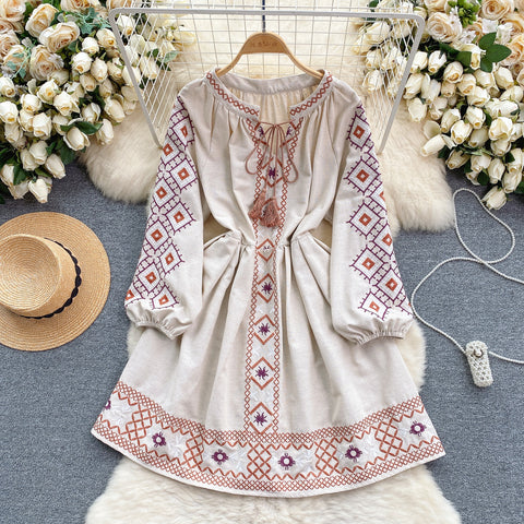 Ethnic Style Lace-up Embroidered Dress