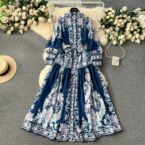 Courtly Puffy Sleeve Lace-up Floral Dress