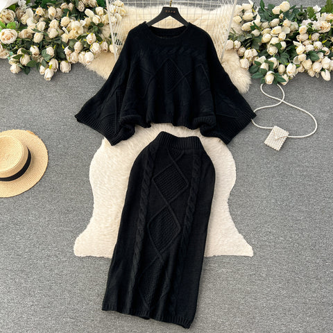 Cable Sweater&Half-body Skirt 2Pcs
