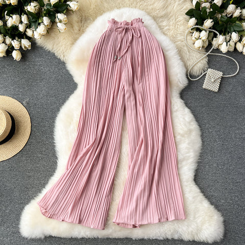 Solid Color Pleated Wide-leg Trousers