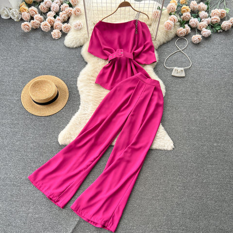 One-shoulder Top&Wide-legged Trousers 2Pcs