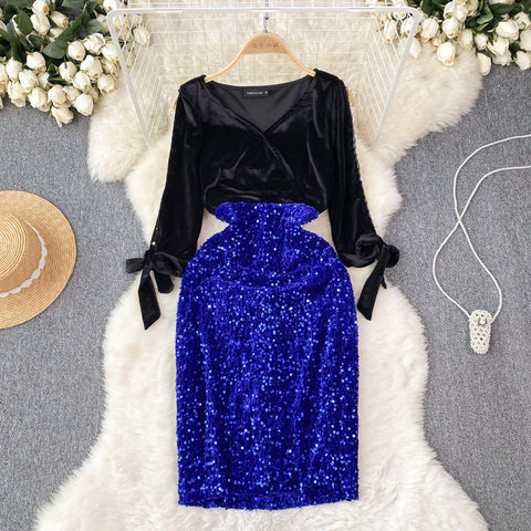 Elegant Sequin Patchwork Velvet Dress