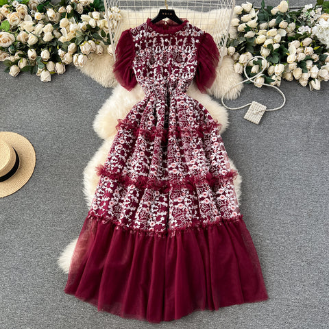 Lace Patchwork Mesh Floral Puffy Dress
