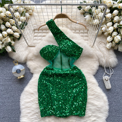 Slant Shoulder Sequin Mini Party Dress
