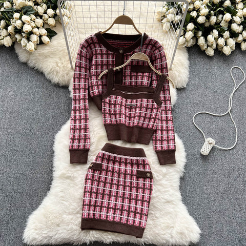 Plaid Cardigan&Camisole&Skirt Knitted 3Pcs