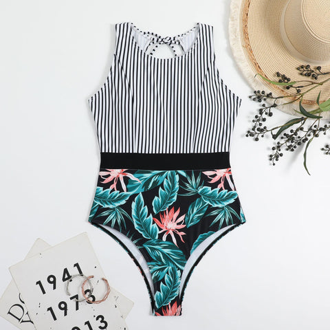 Backless Lace-up Striped Printed Onepiece