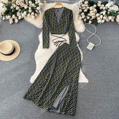 V-neck Top&Split Skirt Floral 2Pcs