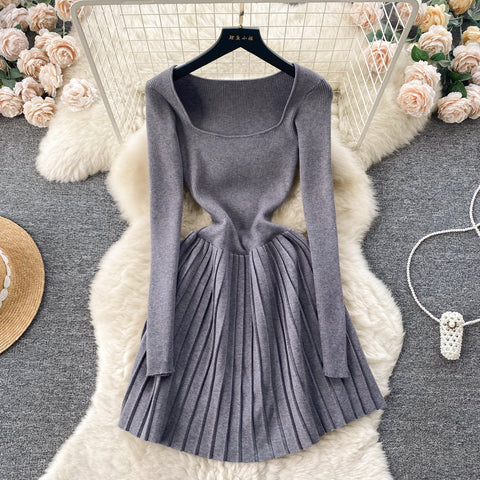 French Style Square Collar Knitted Dress