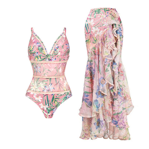 Floral Patchwork One-piece Swimwear&Wrap Skirt
