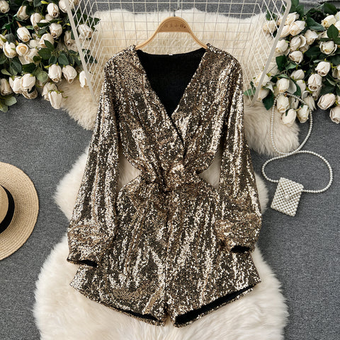 Deep V-neck Sequined Wide-leg Rompers