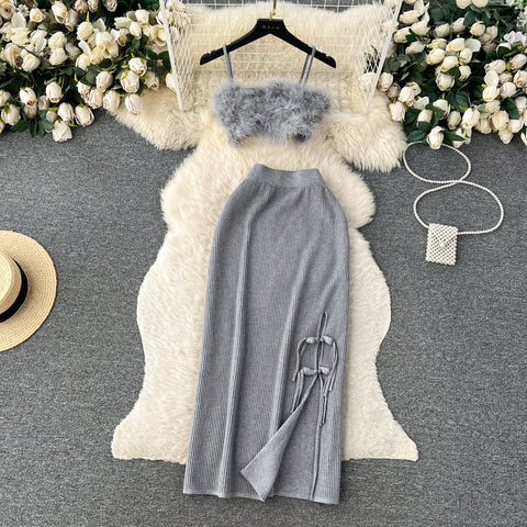 Furry Camisole&Split Half-body Skirt 2Pcs