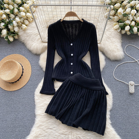 V-neck Cardigan&Pleated Skirt Knitted 2Pcs