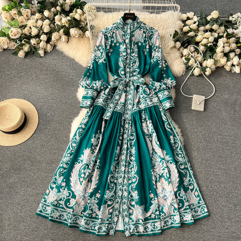 Courtly Puffy Sleeve Lace-up Floral Dress