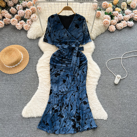 Elegant Lace-up Printed Fishtail Dress