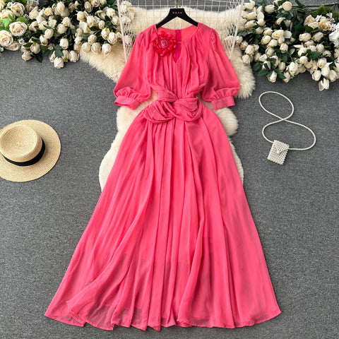 Puff Sleeves Twisted Floral Chiffon Dress