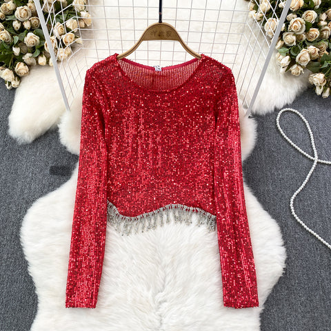 Loose-fit Sequin Fringed Short Top