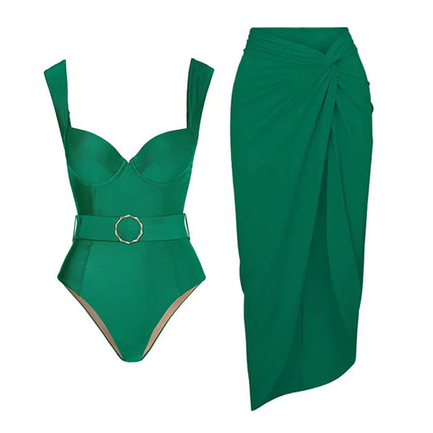 Hollowed Slip One-piece Swimwear&Skirt 2Pcs