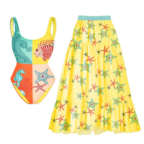 Starfish Printed One-piece Swimwear&Skirt 2Pcs