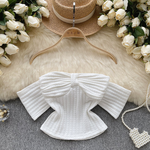 Off-shoulder Bow-tie Pleated Top