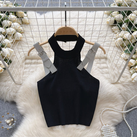Patchwork Strap Backless Knitted Camisole