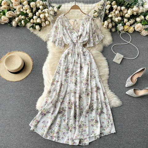 V-neck Slim Chiffon Floral Dress