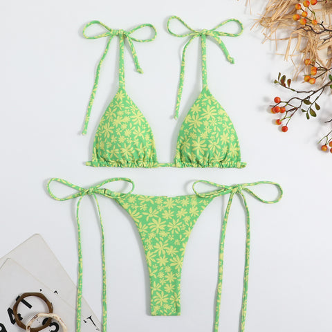 Leaf Printed Lace-up Bikini
