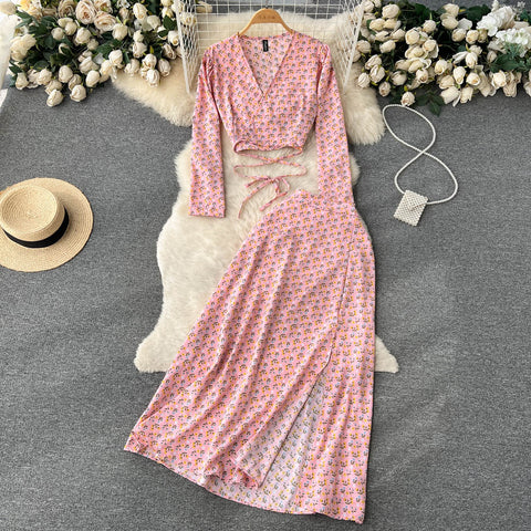 V-neck Top&Split Skirt Floral 2Pcs