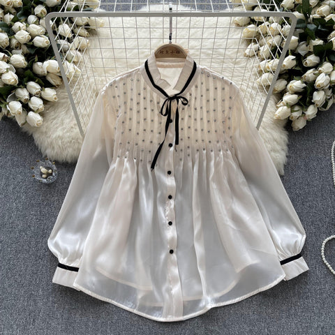 Beaded Pleated Loose-fitting Blouse