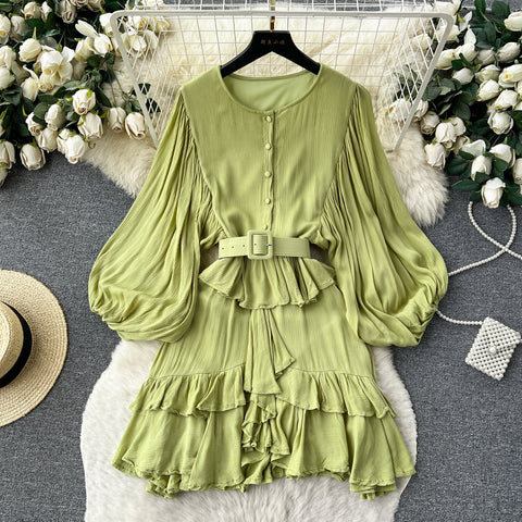 Courtly Puffy Sleeve Ruffled Dress