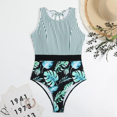Backless Lace-up Striped Printed Onepiece