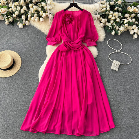 Puff Sleeves Twisted Floral Chiffon Dress