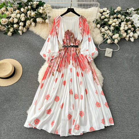 Floral Printed High-waist Pleated Dress