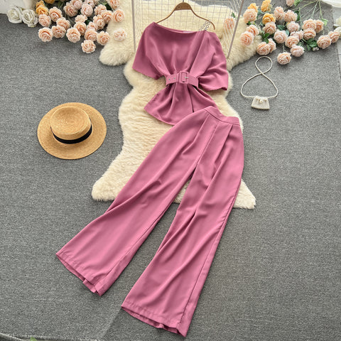 One-shoulder Top&Wide-legged Trousers 2Pcs