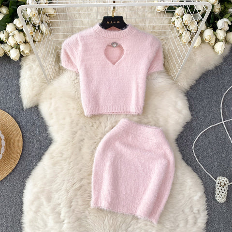 Hollowed Knitwear&Hip-wrapping Skirt 2Pcs