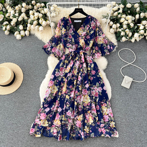 Flared Sleeve V-neck Floral Dress