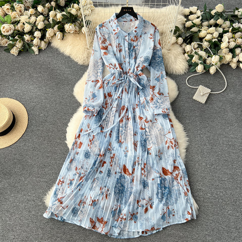 French Style Floral Chiffon Shirt Dress