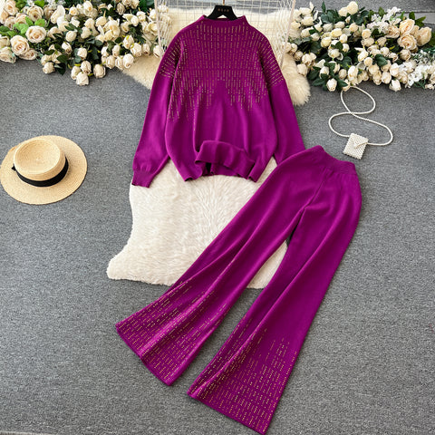 Sweater&Draped Trousers Solid Color 2Pcs