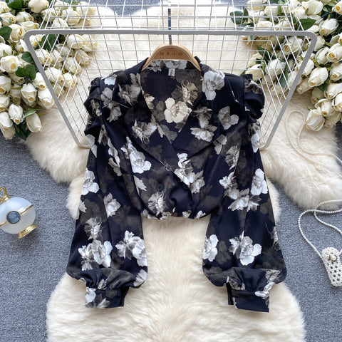 French Style Pleated Floral Chiffon Shirt