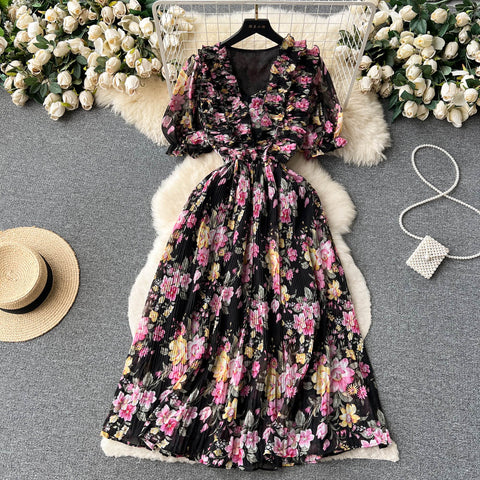 Pastoral Style Pleated Floral Dress