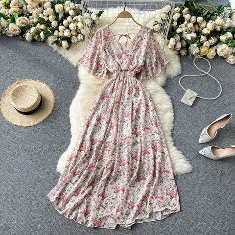 V-neck Slim Chiffon Floral Dress