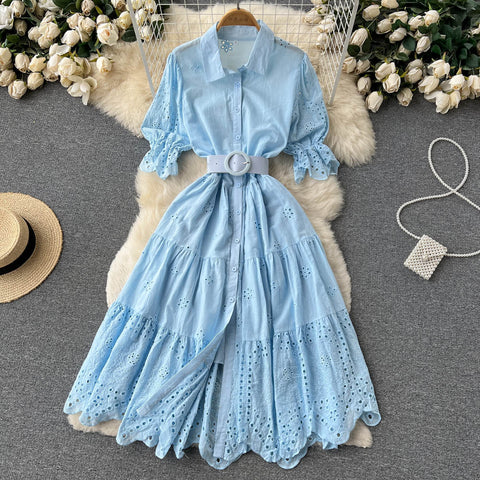 Puff Sleeve Hollowed Embroidered Dress