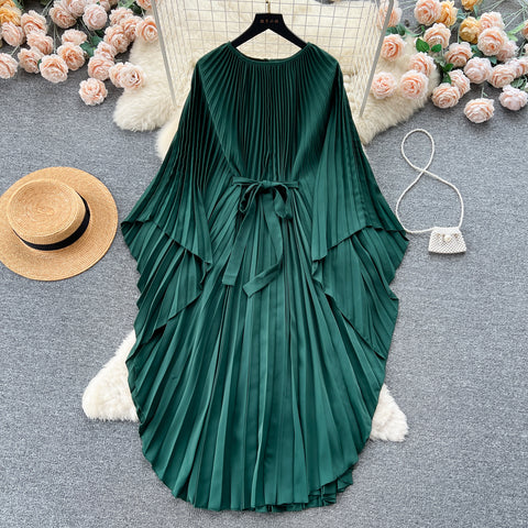 Solid Color Lace-up Pleated Dress