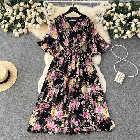 Flared Sleeve V-neck Floral Dress