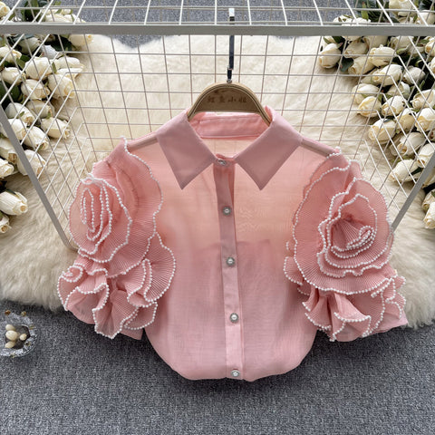 Courtly Ruffled Sleeve Mesh Blouse