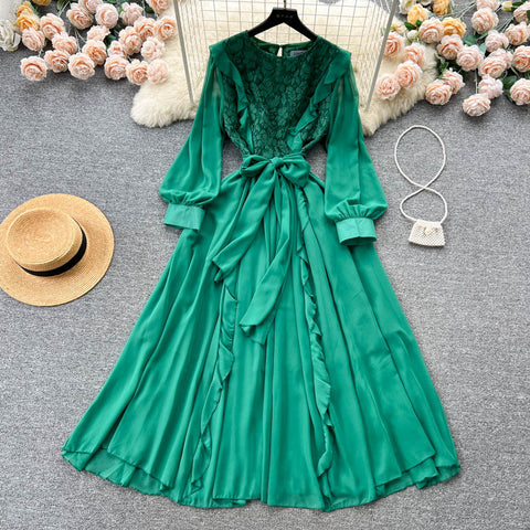 Vintage Ruffled Lace-up Pleated Dress