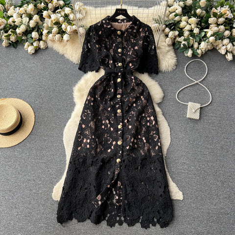 Polo Collar Embroidery Lace Dress